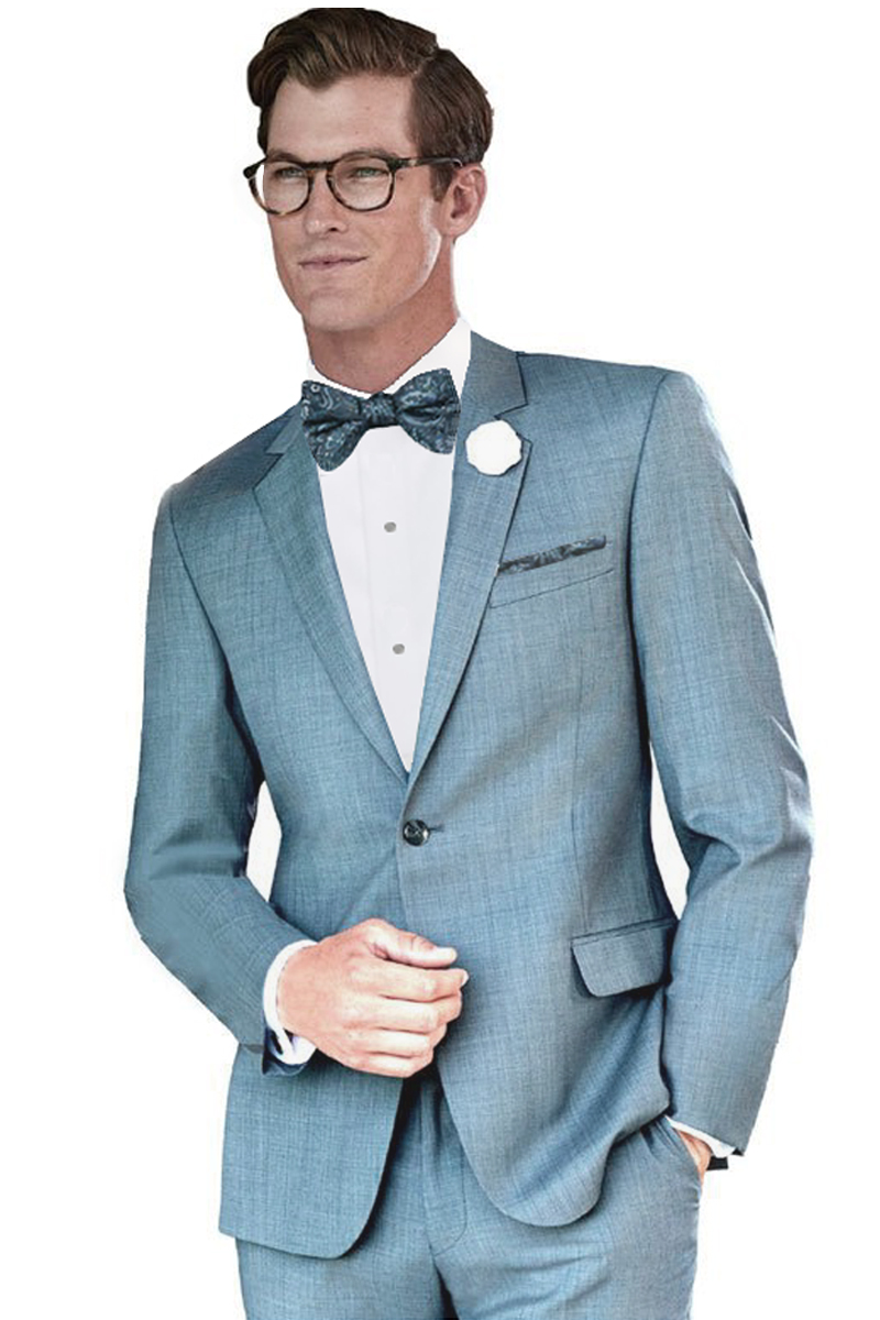steel blue tuxedo worn with a blue paisley bow tie