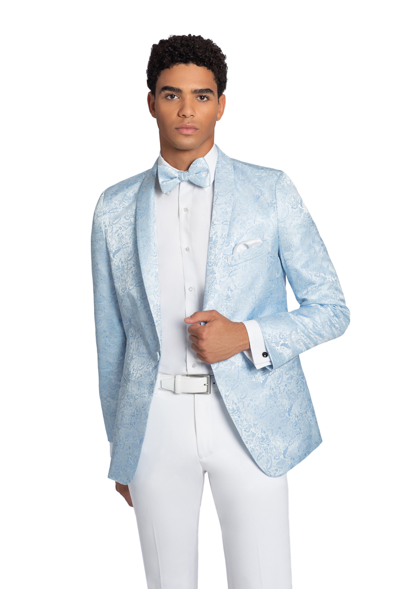 Light Blue Wedgewood Paisley Tuxedo Jacket with White Pants