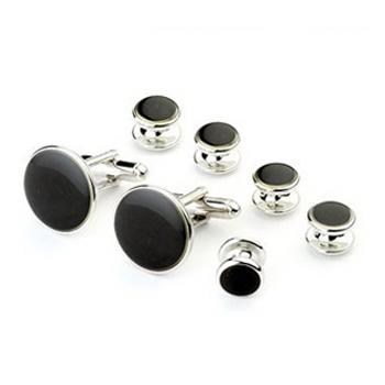 Basic Round Black Formal in Silver Setting with (2) 19mm  Cufflinks and (5) 11mm Shirt Studs