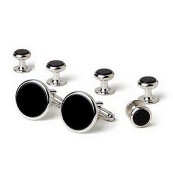 Classic Genuine Onyx Stone with Rhodium Round Setting with cufflinks and 5 matching studs