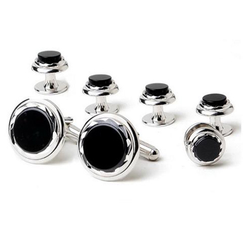 Genuine Onyx Diamond Cut Double Tier Bezel with Polished Rhodium Finish 5 Stud Jewelry Set.